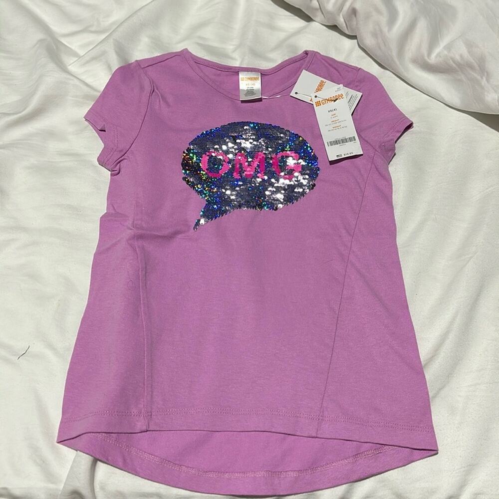 Gymboree xs 4 orchid short sleeve hi low hemline flip sequin lol/omg saying nwt
